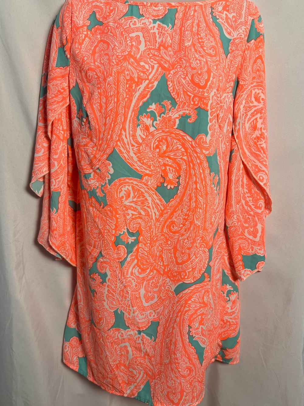Adrienne Coral and Teal Paisley Midi Swim Cover-Up Tunic Dress Flutter Sleeve OS